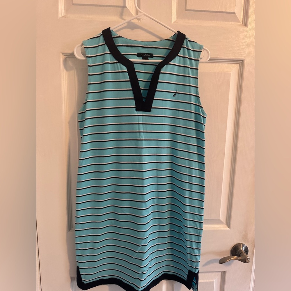 Nautica Aqua and White Striped Dress with Navy Trim